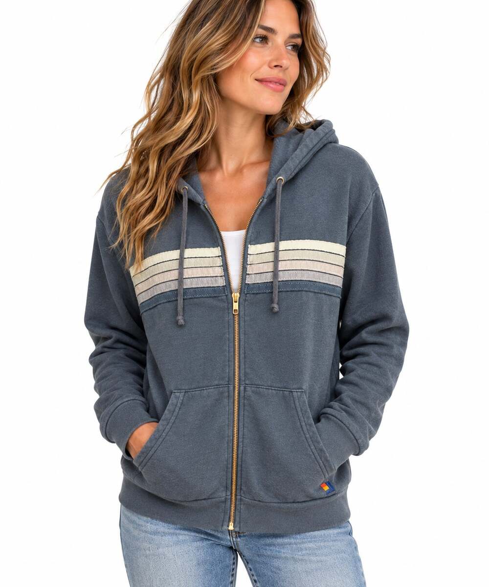 Aviator Nation Women's XL Blue Gray Striped Full Zip Hoodie Made in USA